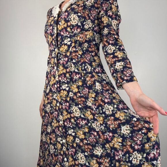 Vintage 80s 90s Floral Dress w/ Lace Collar Puff Sleeves, Romantic Prairie Style - Picture 11 of 11